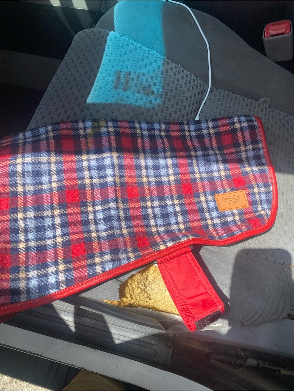 Plaid wool-like fabric with Coach label dog jacket